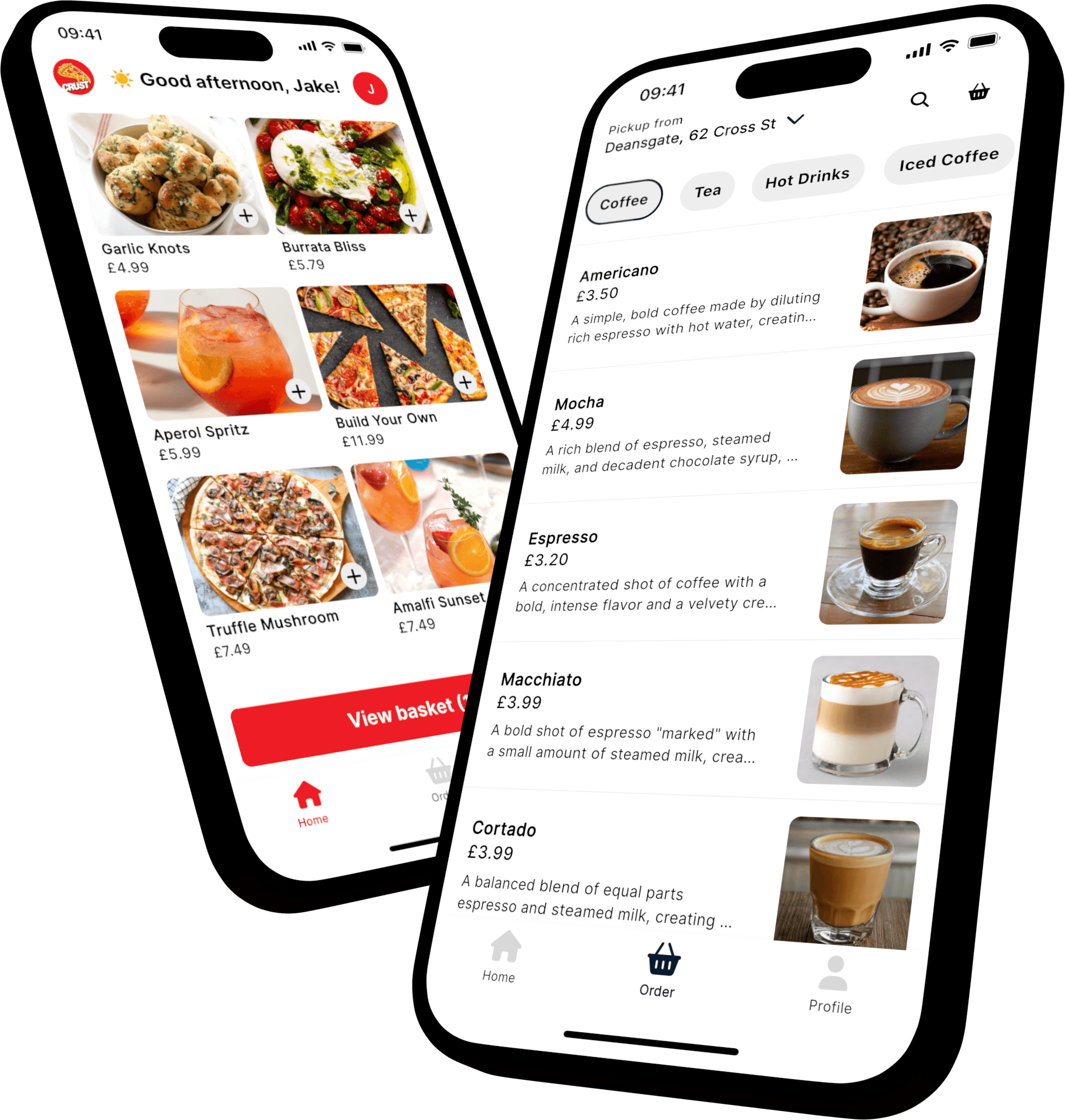 Two phones showing a Sizzle branded ordering app, with a food menu and a coffee menu
