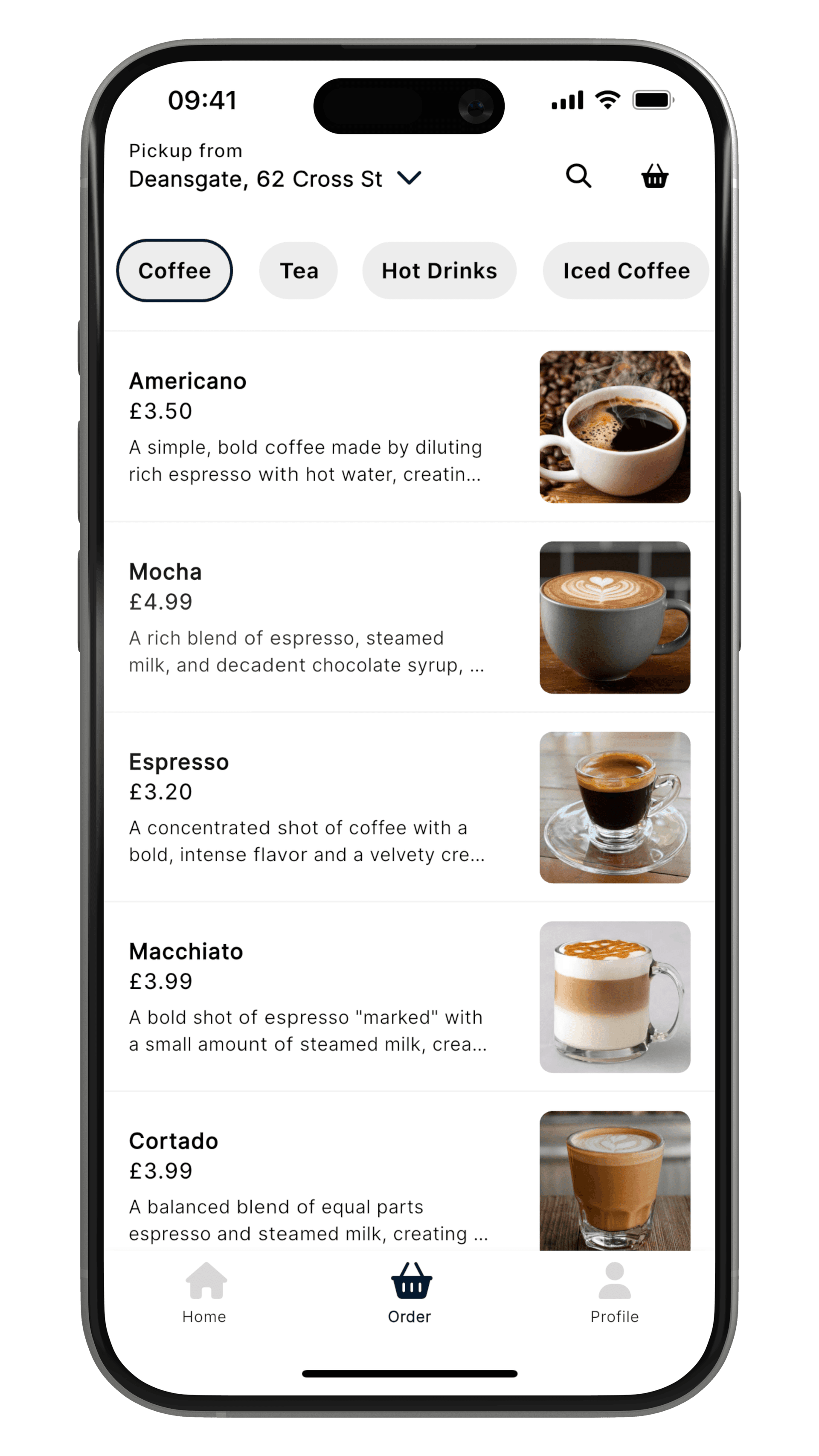 The Sizzle app showing a café menu